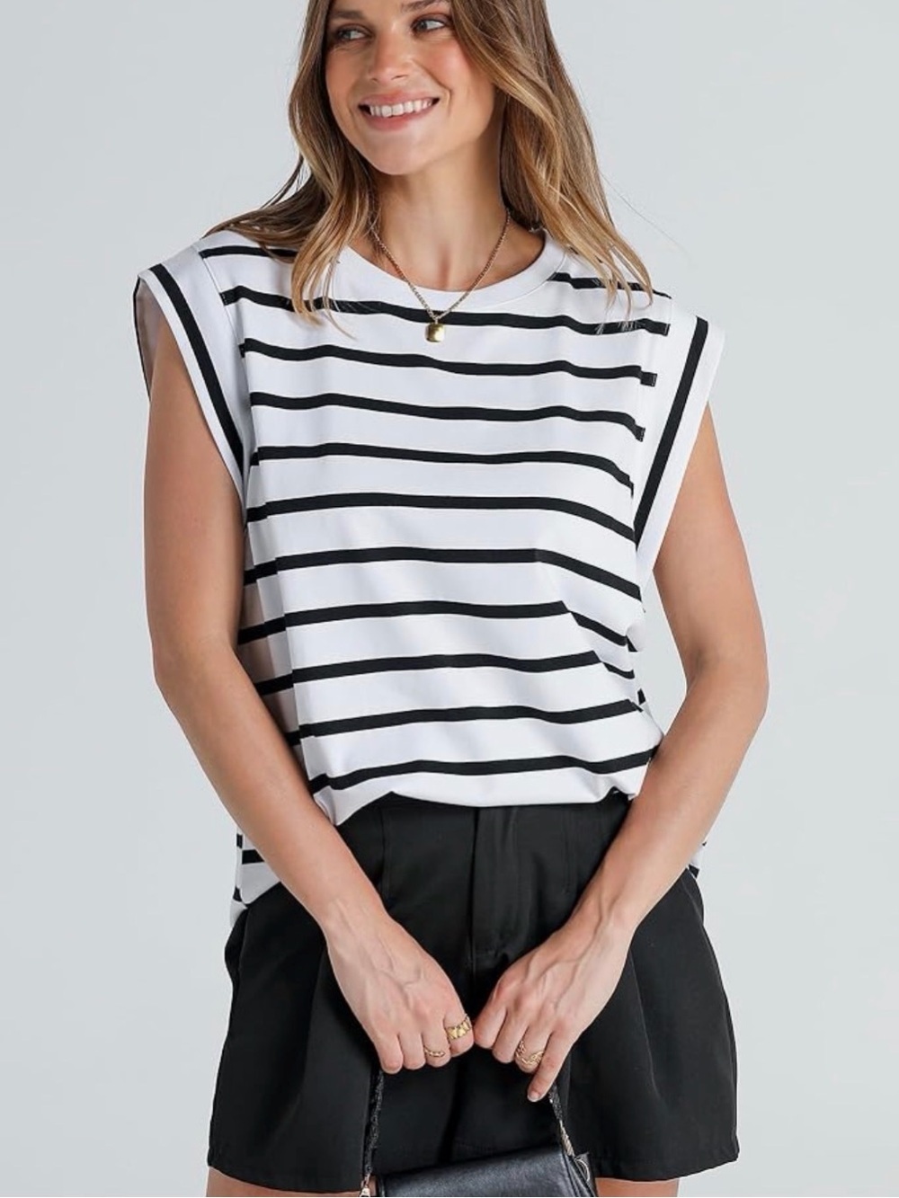 Wiholl Black and White Striped Sleeveless Tee size large